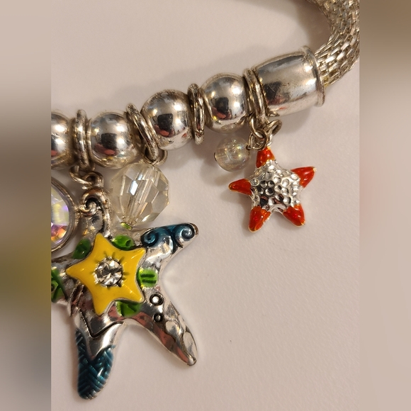 Sea ocean charm bracelet AB crystal starfish seahorse shells mesh stretch silver - Picture 4 of 11
